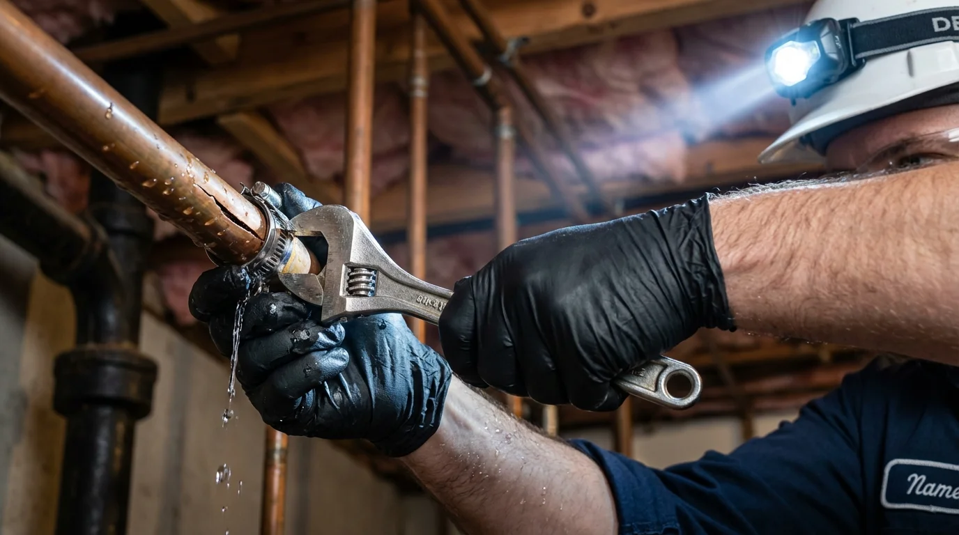 Emergency pipe clamp repair being performed by a Johns Plumbing LLC plumber in Gardnerville