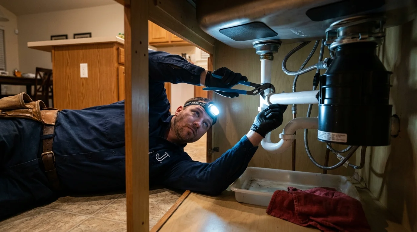 P-trap and supply line connections under a kitchen sink showing a common leak point in Gardnerville, NV